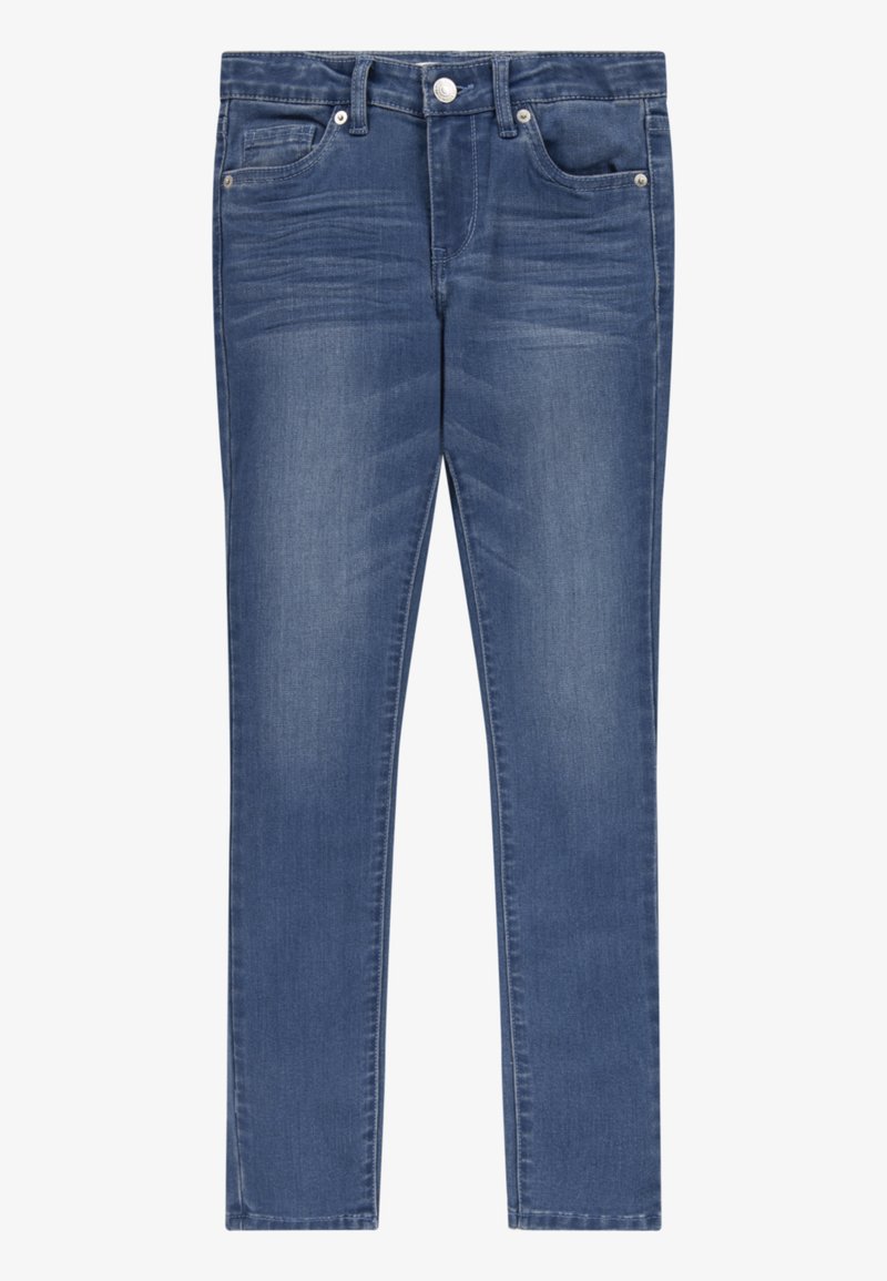 Jeans en denim bleu slim fit avec une texture lisse, cinq poches et des coutures contrastées. Dotés d'une fermeture à bouton et de passants de ceinture.