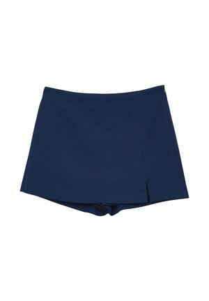 Shorts de bain bleu marine avec un design enveloppant, présentant une petite fente sur le côté. Fabriqués en tissu lisse et extensible pour le confort.