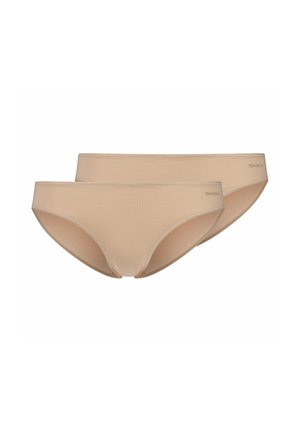 Two beige women's hipster briefs with a smooth finish and small "Skiny" logo on the left side of the waistband.