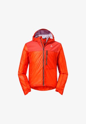 Červená lehká bunda s kapucí, se zipem vpředu, elastickými manžetami a kapsou na zip na hrudi. Hladká struktura s barevným blokovým designem.