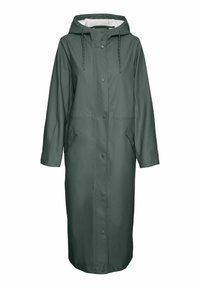 Lungo impermeabile verde scuro con cappuccio, chiusura frontale a scatto, due tasche laterali e coulisse regolabili. Realizzato in materiale impermeabile.