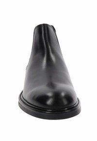 Stivale alla caviglia in pelle nera con finitura liscia, punta arrotondata e suola bassa. Presenta un design minimalista senza decorazioni.