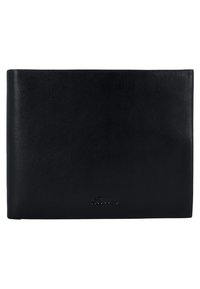 Portafoglio in pelle nera con una texture liscia, forma rettangolare piatta e logo impresso sulla parte anteriore. Design semplice e minimalista.