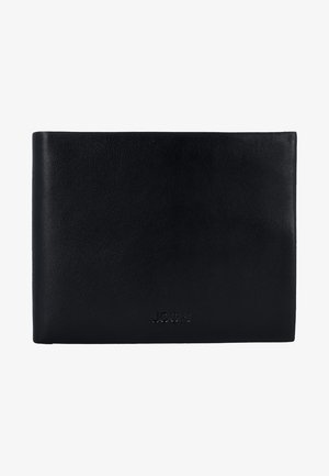 Black leather wallet with a smooth texture, flat rectangular shape, and embossed logo on the front. Simple, minimalist design.