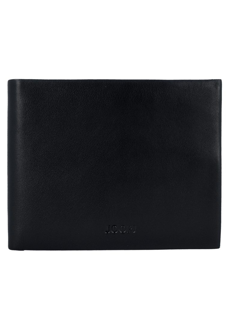 Portafoglio in pelle nera con una texture liscia, forma rettangolare piatta e logo impresso sulla parte anteriore. Design semplice e minimalista.