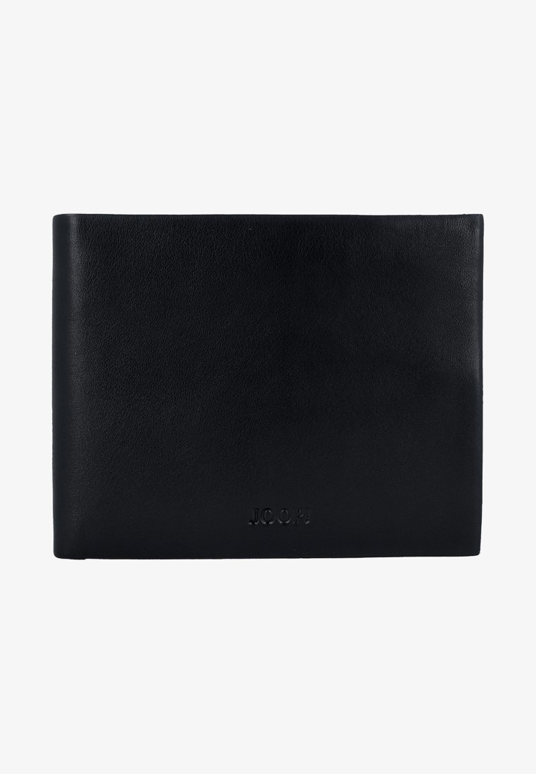 Črn usnjen denarnica z gladko teksturo, ravno pravokotno obliko in embosiranim logotipom spredaj. Preprost, minimalističen dizajn.