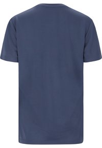 Mørkeblå kortærmet T-shirt lavet af glat stof; har en rund halsudskæring og et enkelt, udekoreret rygdesign.