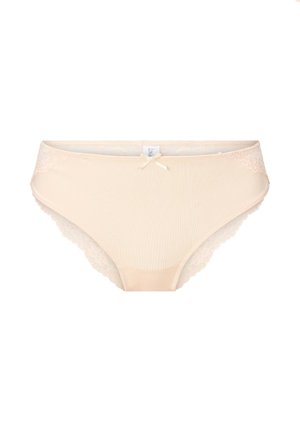 Vaaleanbeige naisten alushousut, joissa on ribbitoitu kangas etuosassa ja pitsikoristeet sivuilla, sekä pieni satiininen nauha vyötäröllä.