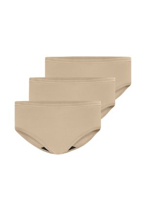 Drei nahtlose Damen-Slips aus beigem Baumwollstoff, nebeneinander in einer Reihe angeordnet, von vorne auf weißem Hintergrund gezeigt.
