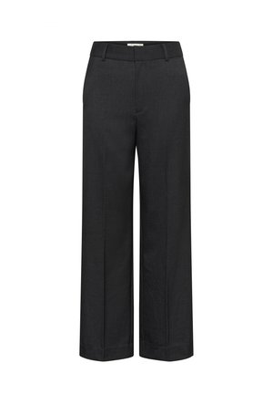 Široke hlače u tamno sivoj boji, izrađene od teksturiranog materijala. Imaju glatki pojas i prednju pregibu za elegantan izgled.