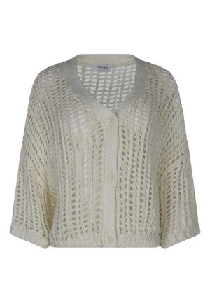 Cardigan crème en maille ouverte, à manches courtes, col en V et fermeture boutonnée à l'avant.
