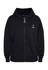 Czarna hoodie z zamkiem, z kieszenią z przodu, ściągaczami przy mankietach oraz małym białym logo kotwicy na klatce piersiowej. Miękka faktura, luźny krój.