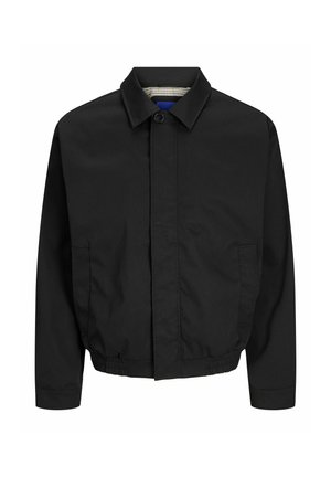 Black jacket made of smooth fabric, featuring a collared neckline, front button closure, and elasticized hem. Includes side pockets.