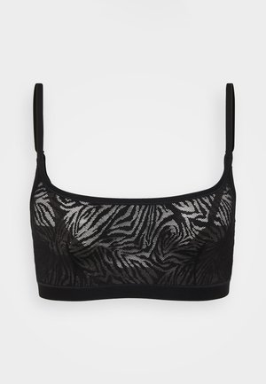 Black lace bralette with abstract zebra pattern, featuring adjustable straps and a solid black underband for support.