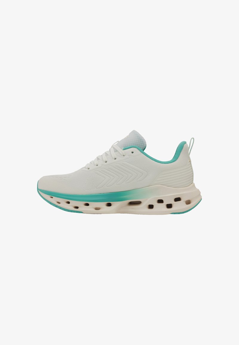 Chaussure de sport blanche avec un dessus texturé, des accents turquoise, une semelle rembourrée avec des découpes et une silhouette lisse et épurée.