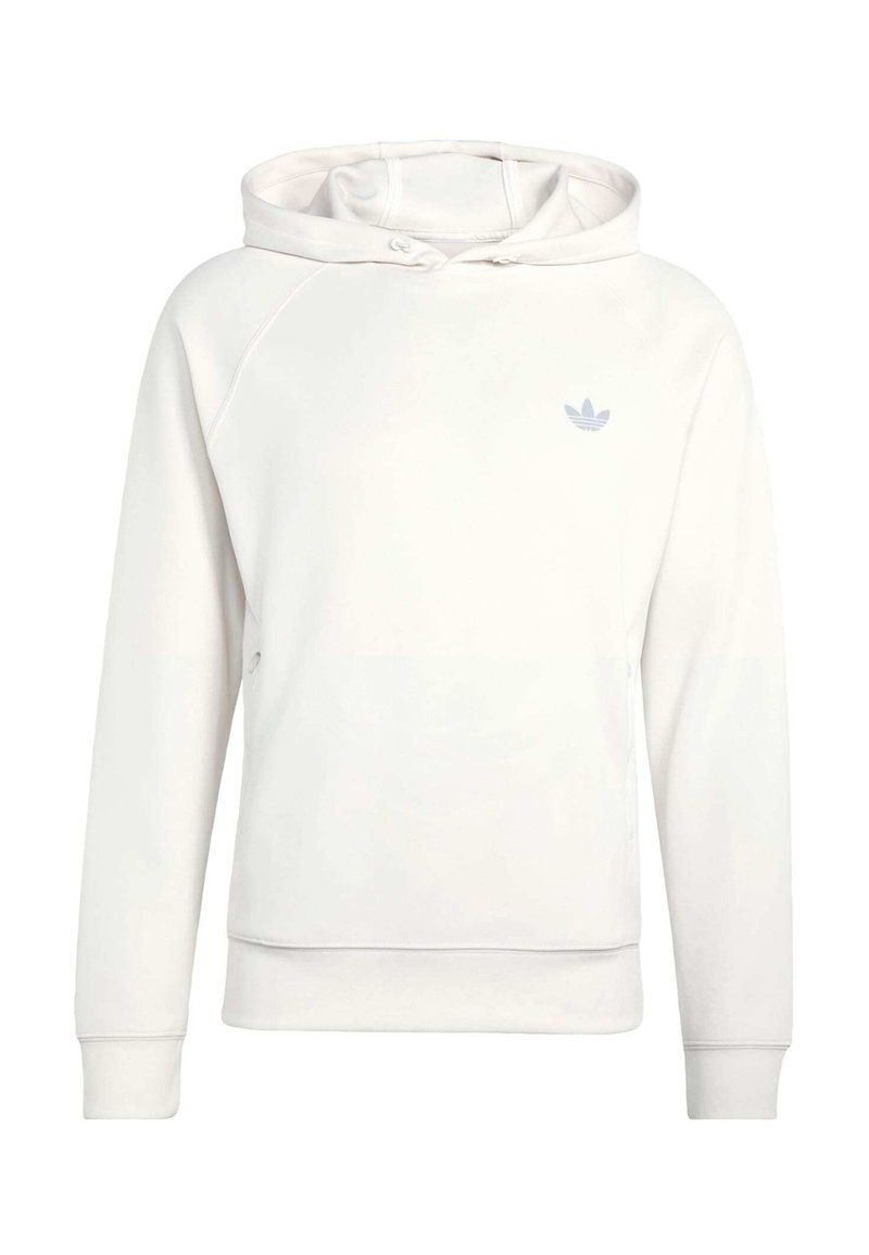 White hooded sweatshirt with long sleeves and small gray Adidas logo on the left chest.