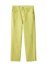 Pantalones de mezclilla amarillo claro con corte recto, dos bolsillos frontales y cierre de botón superior. La tela tiene una textura suave.