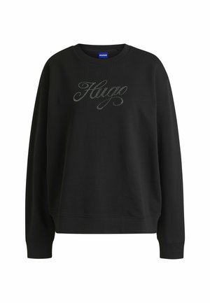 Black sweatshirt made of soft fabric, featuring a round neckline and long sleeves. "Hug" is embroidered in rhinestones on the front.