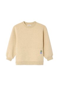 Sweat-shirt beige clair avec un col rond, des poignets côtelés et un petit patch logo sur l'ourlet inférieur. Tissu doux et texturé.