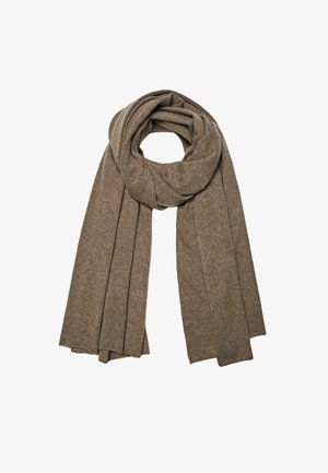 Sciarpa di lana marrone con una texture morbida, forma rettangolare lunga e estremità piegate in modo uniforme, adatta per avvolgere intorno al collo.