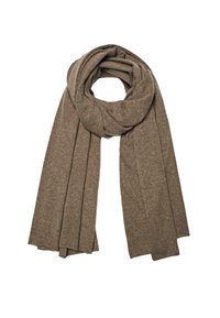 Brown knitted scarf with a soft texture, featuring a rounded edge and draped design. Made from a warm, lightweight material.