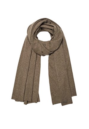 Sciarpa lavorata a maglia marrone con una consistenza morbida, caratterizzata da un bordo arrotondato e un design drappeggiato. Realizzata in un materiale leggero e caldo.