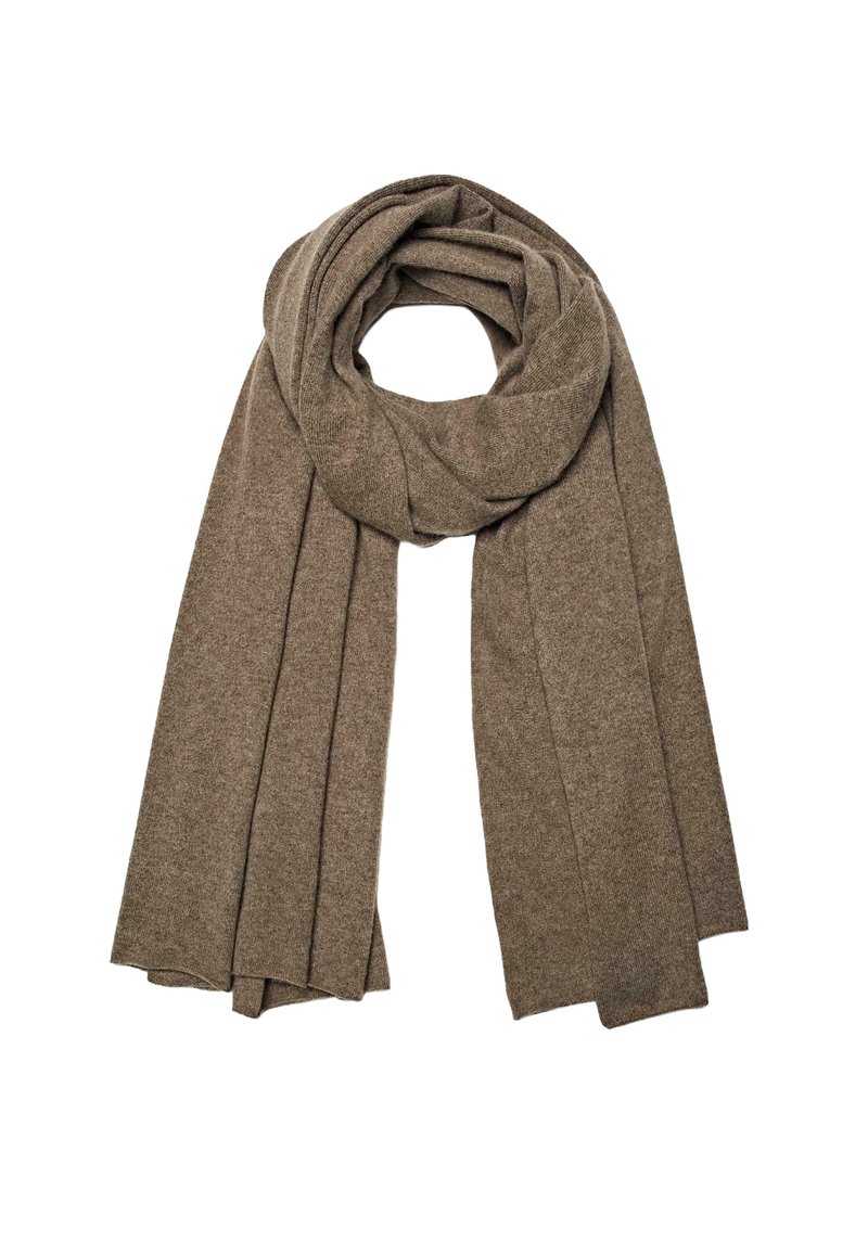 Brown knitted scarf with a soft texture, featuring a rounded edge and draped design. Made from a warm, lightweight material.