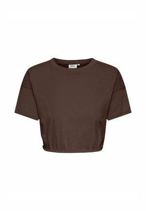 Mørkebrun kort T-shirt med korte ærmer, rund halsudskæring og elastisk kant fra mærket ONLY.