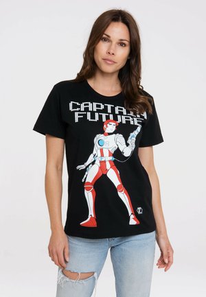 Black cotton t-shirt featuring a graphic of a character in red and white with the text "CAPTAIN FUTURE" in bold, retro-style font.