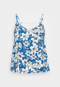 Camisole floral bleu avec décolleté en V, bretelles fines et coupe ample. Le design met en avant des fleurs blanches avec des contours noirs et des accents verts.