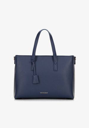 Borsa tote in pelle strutturata di colore blu navy, con due manici, chiusura con zip e un'etichetta frontale. Presenta il marchio dorato "WITTCHEN" in basso.