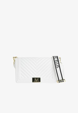 Borsa a tracolla trapuntata bianca con motivo a chevron, hardware dorato e tracolla in tessuto rimovibile con stampa "Marc Ellis."