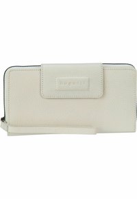 Portefeuille en cuir blanc avec une surface texturée, fermeture éclair, et un rabat avant avec un logo en relief. Comprend une sangle de poignet.