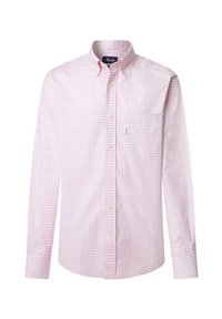 Camisa de manga larga, abotonada, en rosa claro con un patrón de cuadros. Cuenta con un bolsillo en el pecho y un collar desplegable. Hecha de tejido suave.
