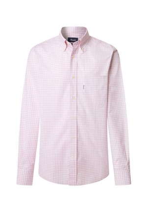 Lange mouwen, knoopsluiting shirt in lichtroze met een ruitpatroon. Heeft een borstzak en een omgeslagen kraag. Gemaakt van zachte stof.