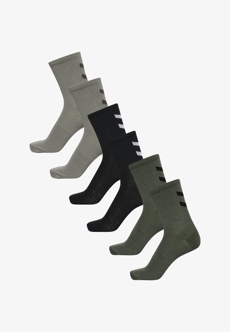 Three pairs of crew socks: light gray, black, and olive green. Each has a ribbed texture with contrasting stripes near the top.