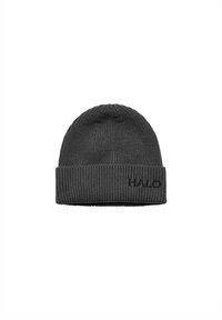 Grijze gebreide beanie met een omgeslagen rand, voorzien van een subtiele geborduurde logo met de tekst "HALO" aan de voorkant.