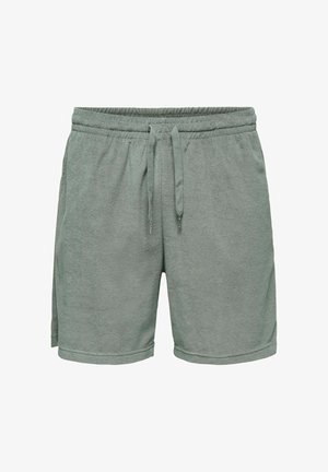 Shorts en tissu éponge gris doux avec taille élastique et cordon de serrage, dotés de poches latérales et d'une coupe décontractée.
