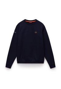 Granatowy sweatshirt wykonany z miękkiego materiału, z okrągłym dekoltem, ściągaczami przy mankietach oraz małym logo marki na piersi.