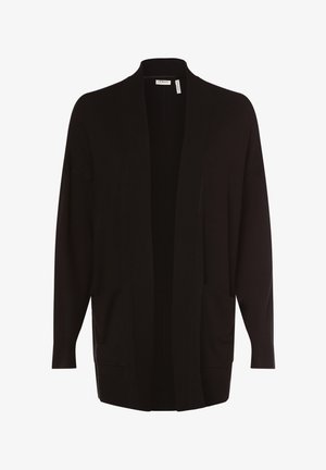 Schwarze Strickjacke aus weichem Strickmaterial mit offenem Vorderteil, langen Ärmeln und zwei vorderen Taschen. Gerippter, strukturierter Saum.