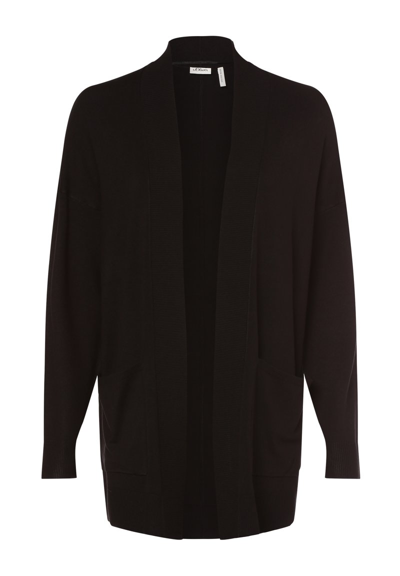 Zwarte cardigan van zacht breimateriaal, met een open voorkant, lange mouwen en twee voorzakken. Getextureerde ribbelrand.