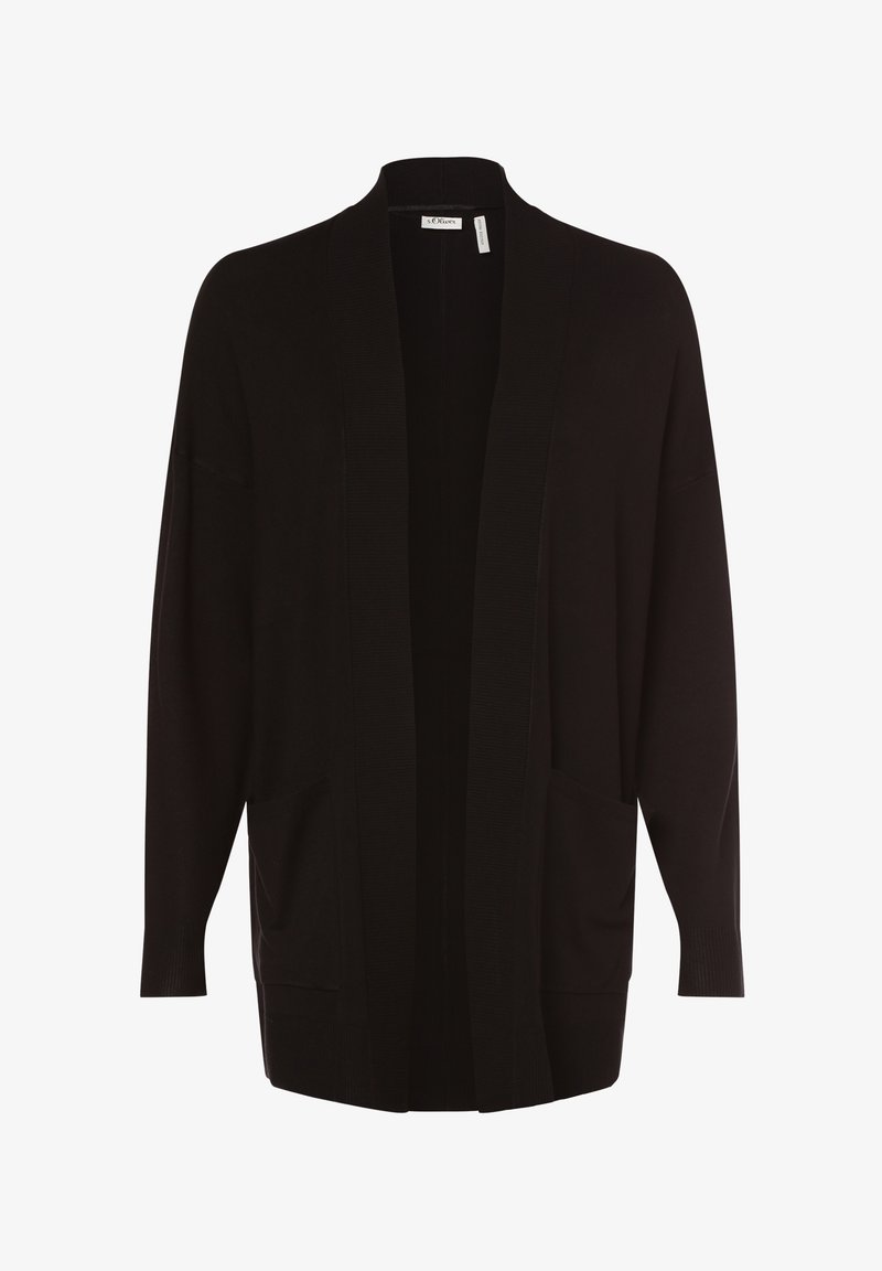 Zwarte cardigan van zacht breimateriaal, met een open voorkant, lange mouwen en twee voorzakken. Getextureerde ribbelrand.