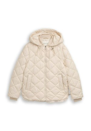Beige gesteppte Jacke mit Kapuze, Frontreißverschluss, Seitentaschen und Kordelzügen, entworfen für kaltes Wetter.