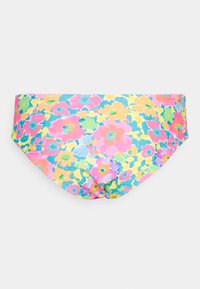 Parte de baixo de fato de banho floral com um padrão vibrante em tons de rosa, azul, amarelo e verde. Feita de um tecido elástico, de textura suave.