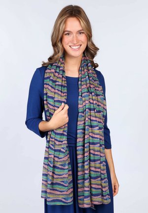 Leichter Schal mit wellenförmigen Streifen in Grün, Blau und Pink. Hergestellt aus weichem Material, fällt er leicht und hat eine fließende Textur.