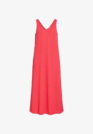 Ärmelloses Maxi-Kleid in Korallenrot mit dezentem, strukturiertem Blattmuster und V-Ausschnitt, locker und fließend geschnitten, ideal für warmes Wetter.