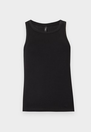 Débardeur côtelé noir sans manches avec encolure ronde et bordure festonnée aux emmanchures et au col.