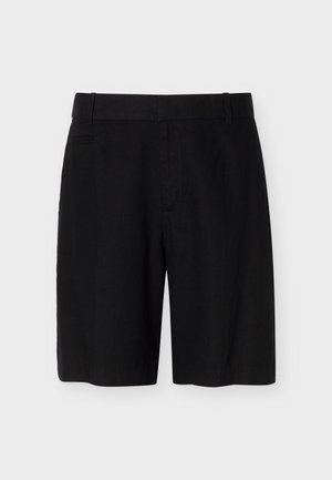 Shorts noirs sur mesure longueur genou avec passants de ceinture, poches avant et taille plate sur un fond clair uni.
