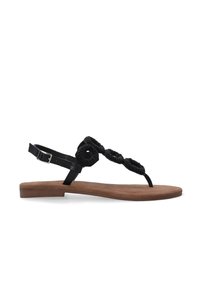 Flade sorte sandaler med flettede stofremme, læderdetaljer og en brun gummisål. Justerbar ankelspænde for en god pasform.