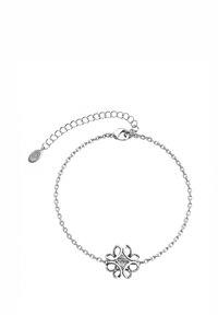 Bracciale in argento con una delicata catena e un motivo floreale centrale che presenta un cristallo quadrato. Include chiusura regolabile e catena di estensione.